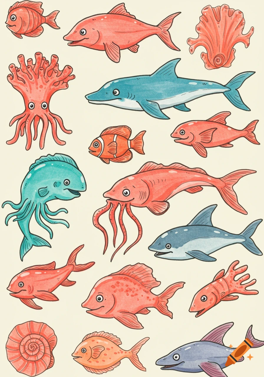 Hand drawn illustration of various colorful sea creatures like fish, sharks, and octopus.