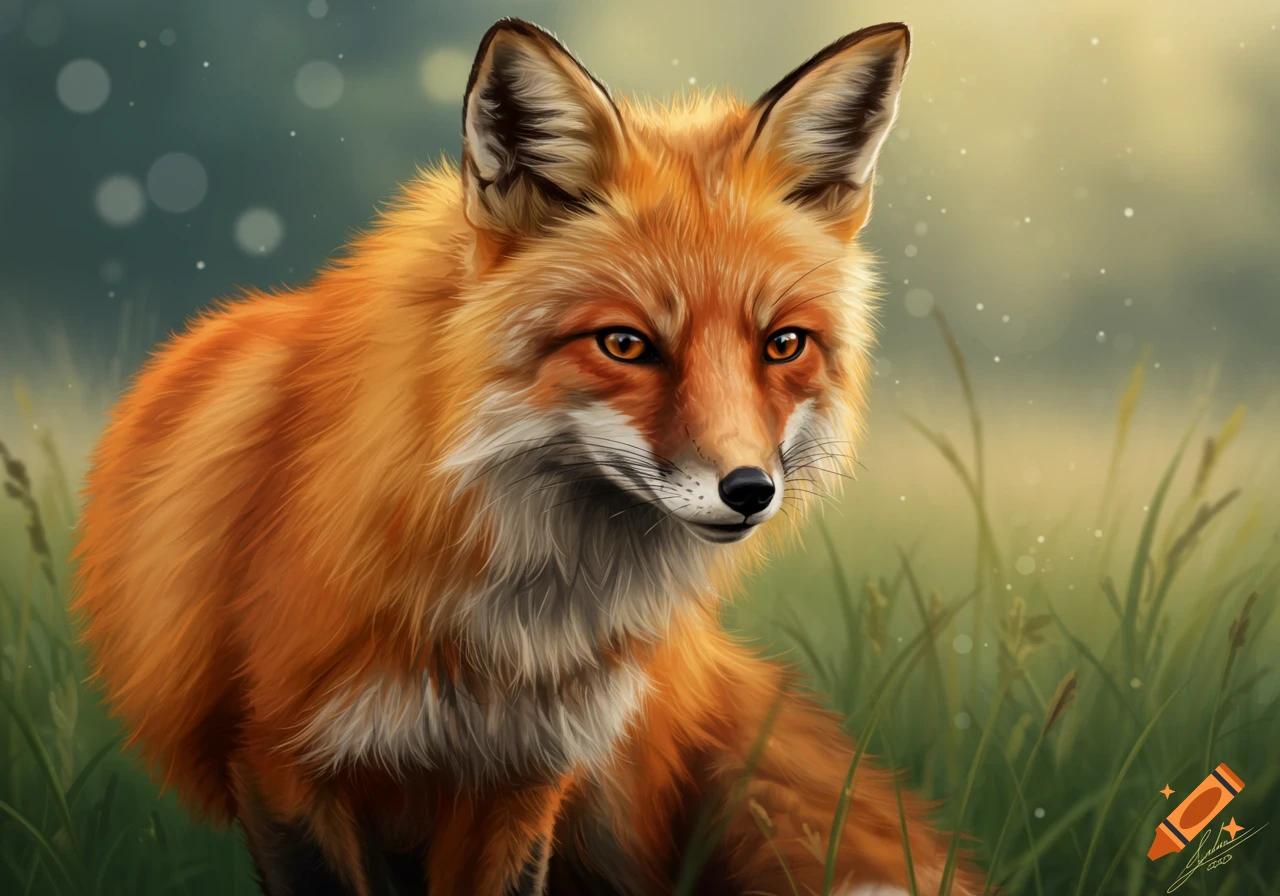 Detailed digital painting of a red fox sitting in tall grass.