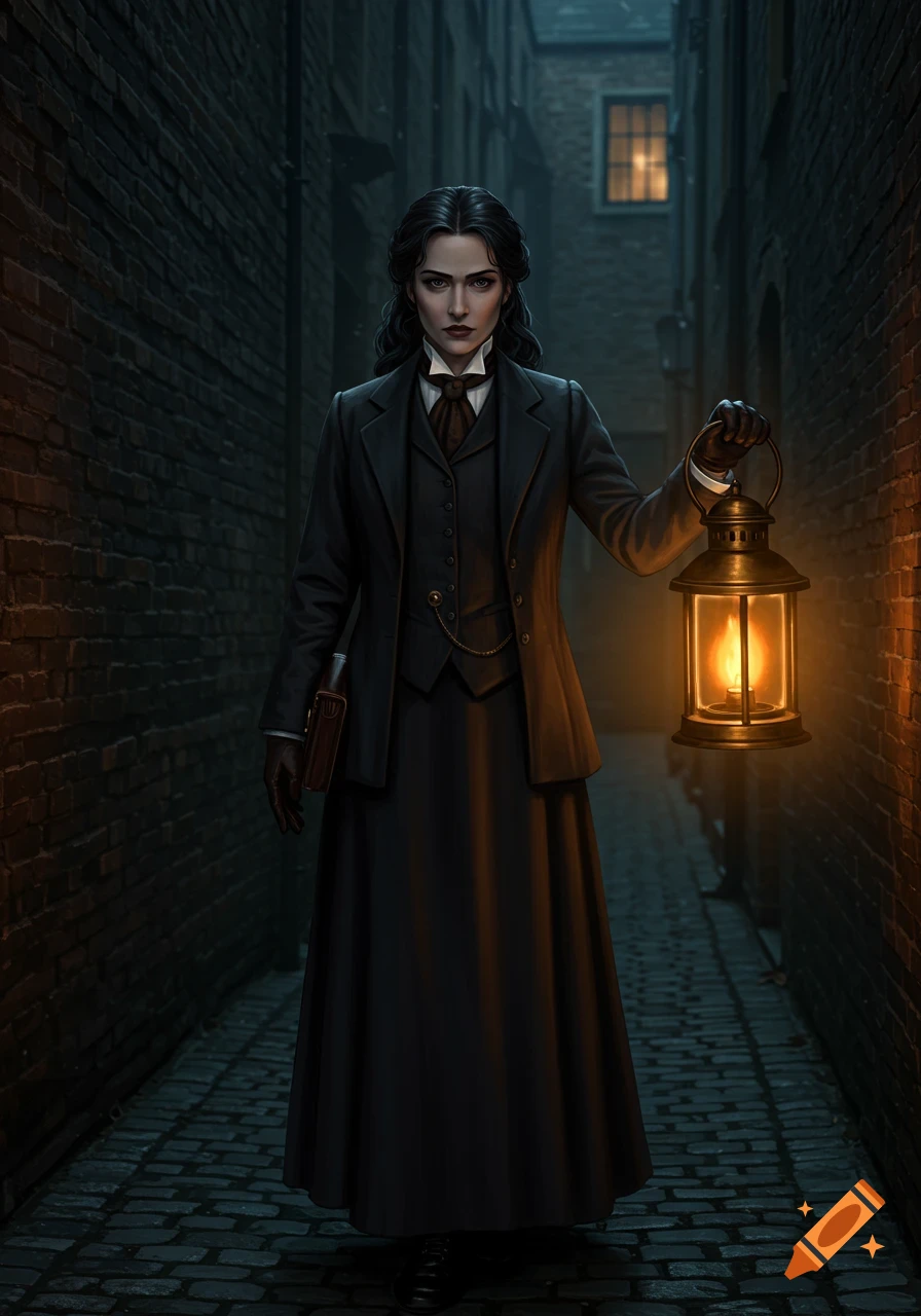 Victorian lady detective with a lantern in a dark alley