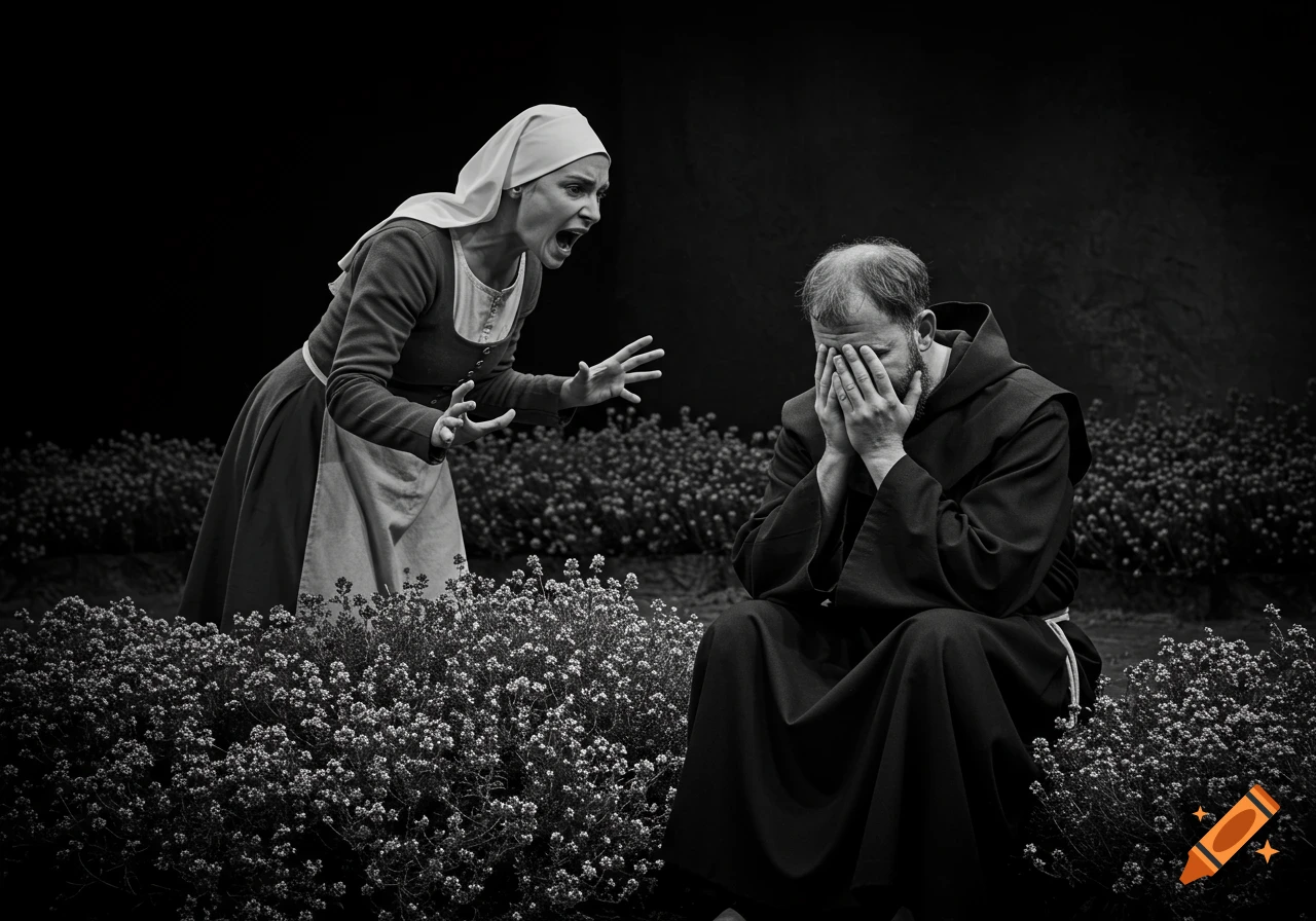 Black and white photo of a woman in historical dress yelling at a man in a friar's robe who is covering his face in a garden