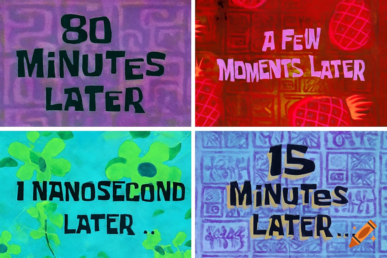 Four panels showing SpongeBob time cards: 80 minutes later, a few moments later, 1 nanosecond later, 15 minutes later.