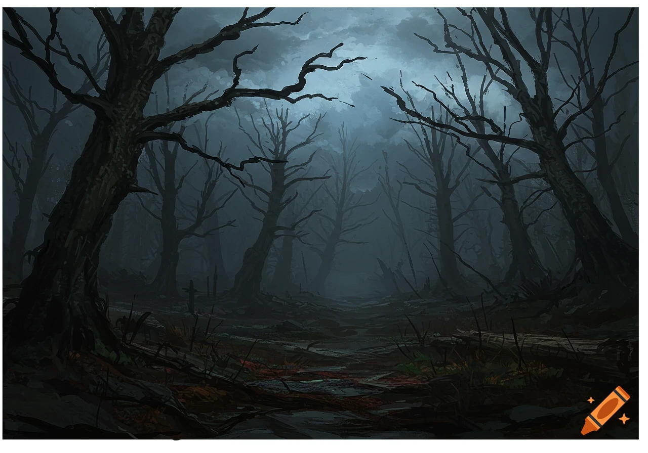 Dark, misty forest with bare trees and a path, digital painting style.