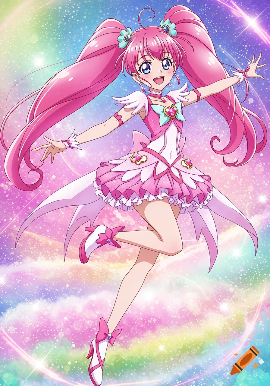 Anime girl in pink dress with long pink hair in a sparkly rainbow sky