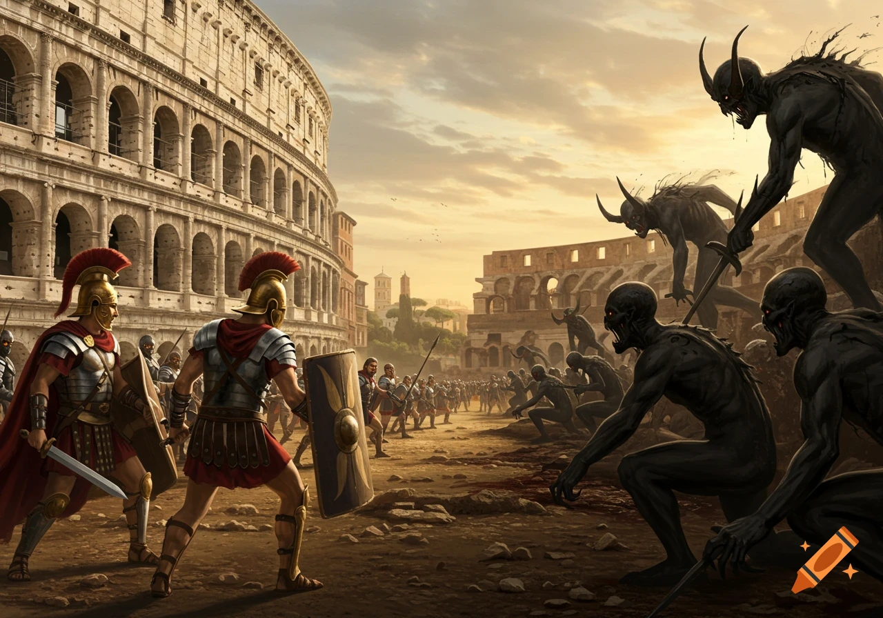 Roman soldiers battle demonic creatures outside the Colosseum at sunset.