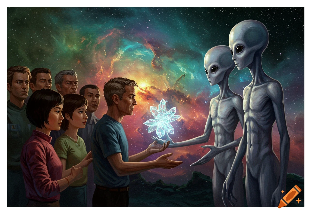 Humans meet alien beings in space, exchanging a glowing object.
