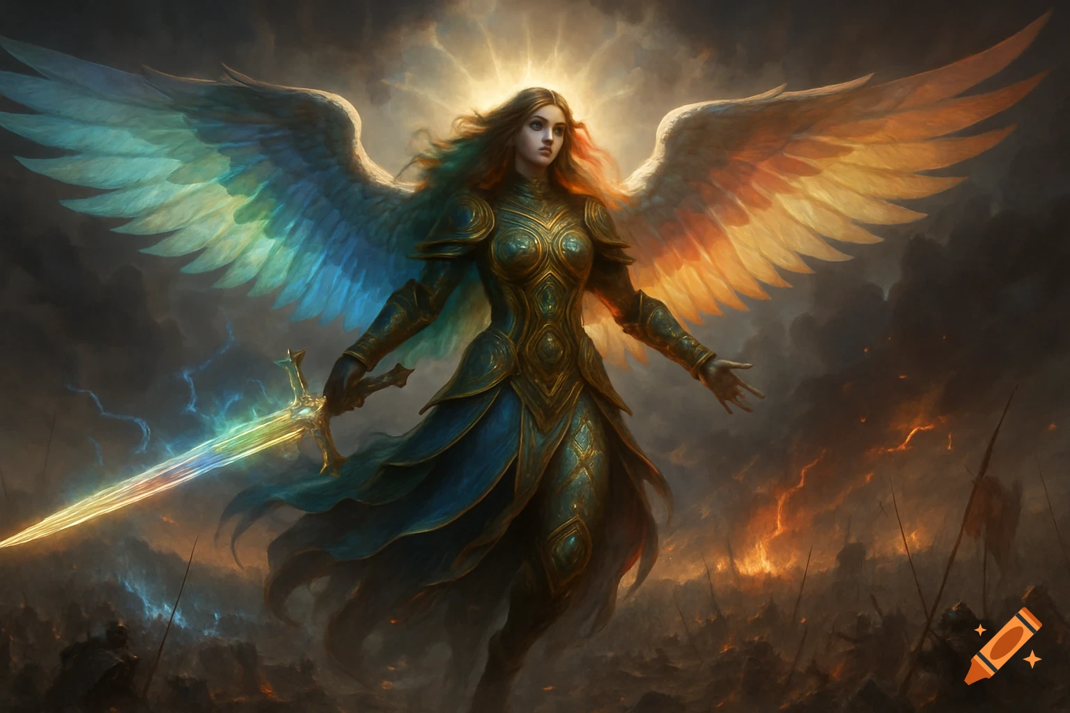 A female angel with large, colorful wings and glowing sword hovers above a battlefield.