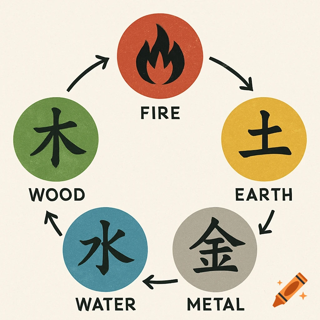 Diagram of the Five Elements (Wood, Fire, Earth, Metal, Water) with English labels and Chinese characters.