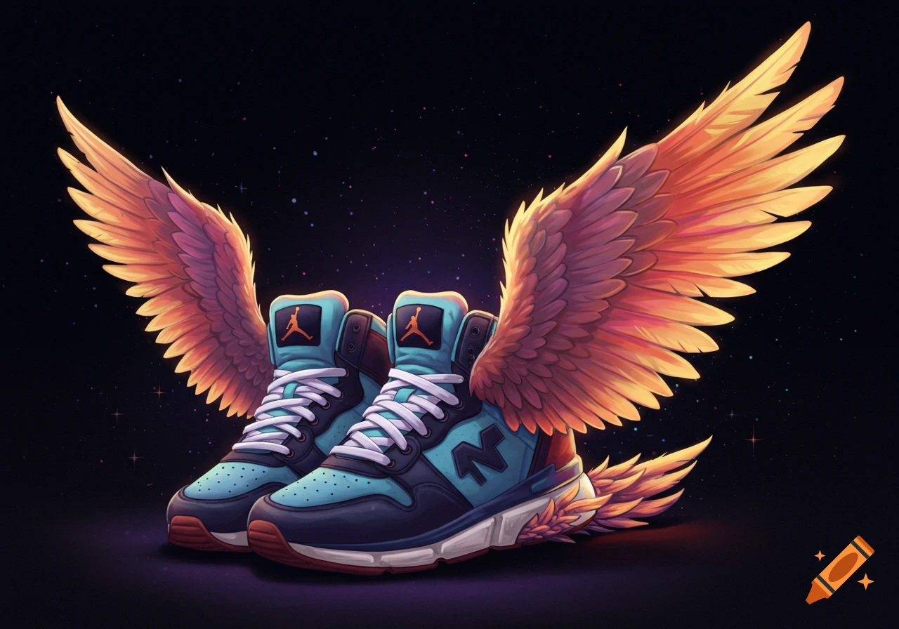 Stylized sneakers with large, fiery wings against a starry dark background.