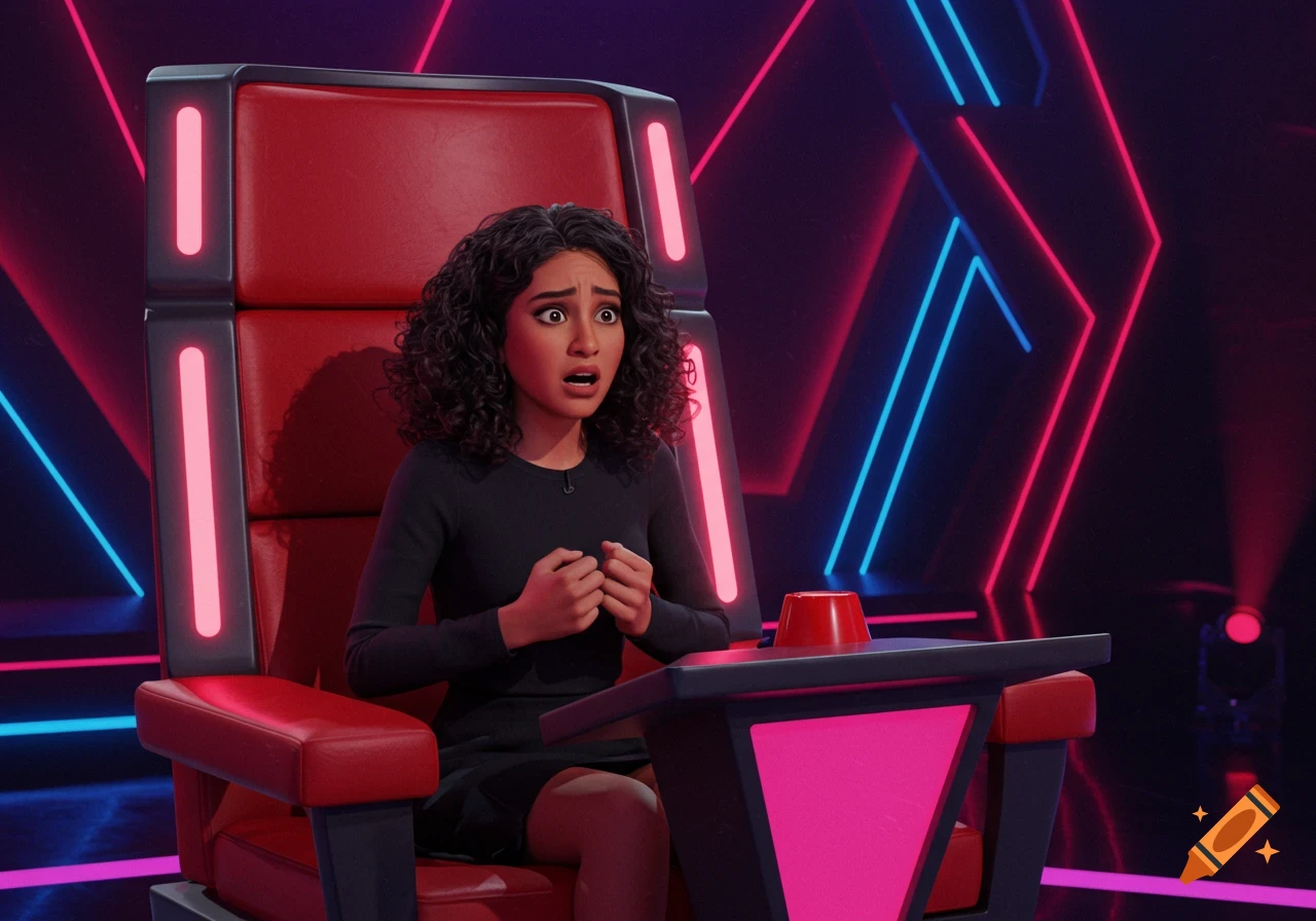 3D render of a nervous woman sitting in a large red chair on a stage with neon lights.