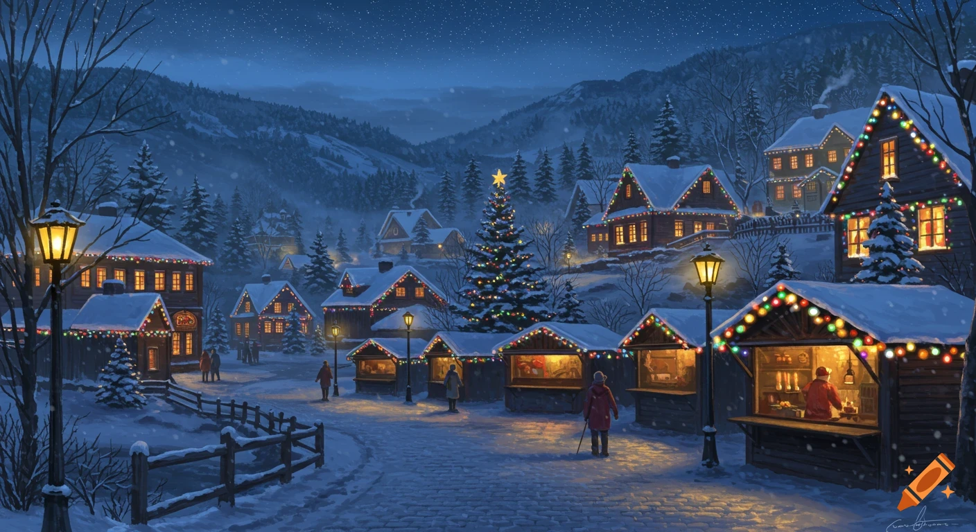 A snowy Christmas village at night with market stalls, a Christmas tree, and people walking under festive lights.