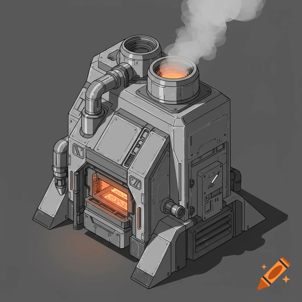Isometric greyscale illustration of a sci-fi furnace with smoke rising from a vent.