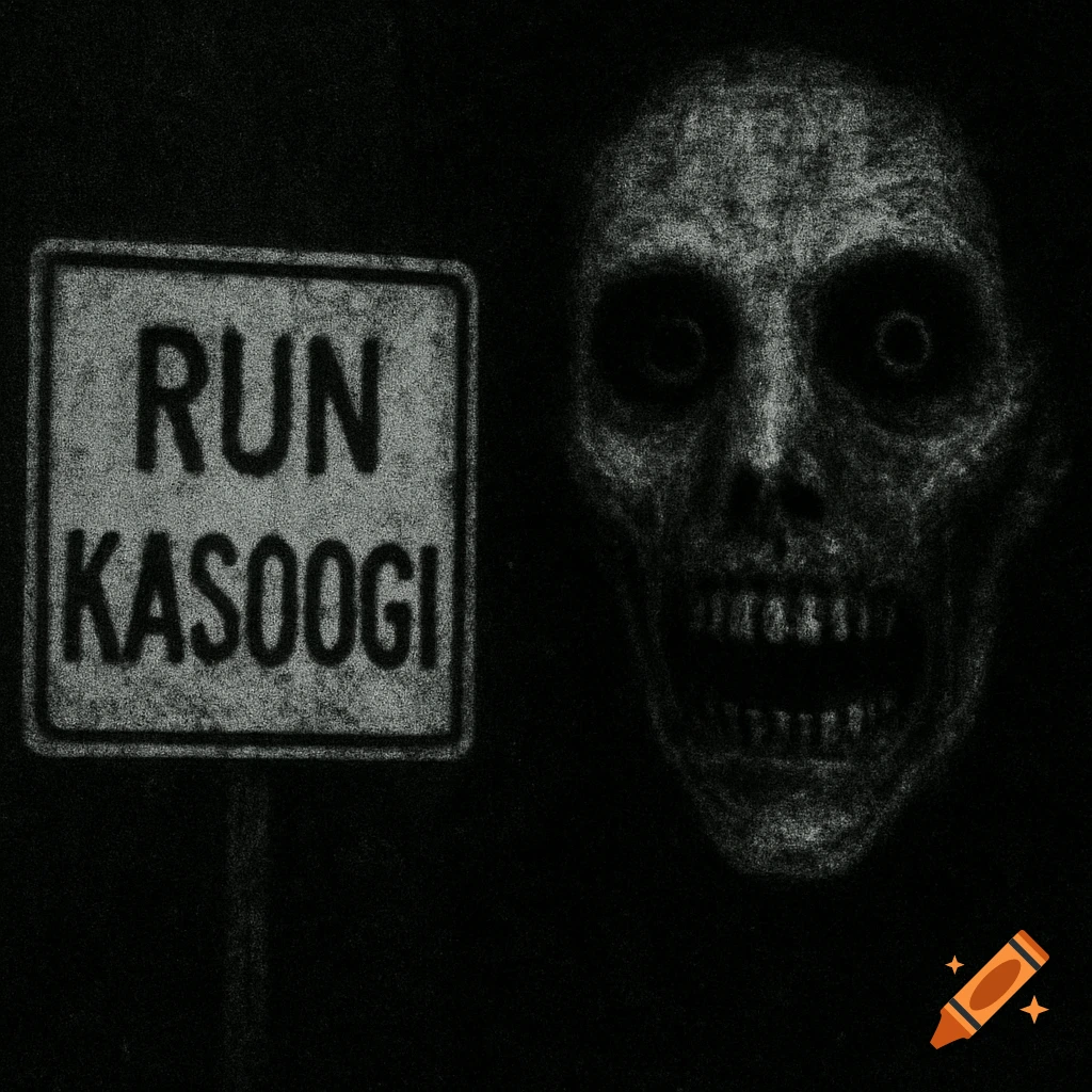 A creepy, distorted face looms next to a sign that reads RUN KASOOGI in a dark, gritty analog horror style.