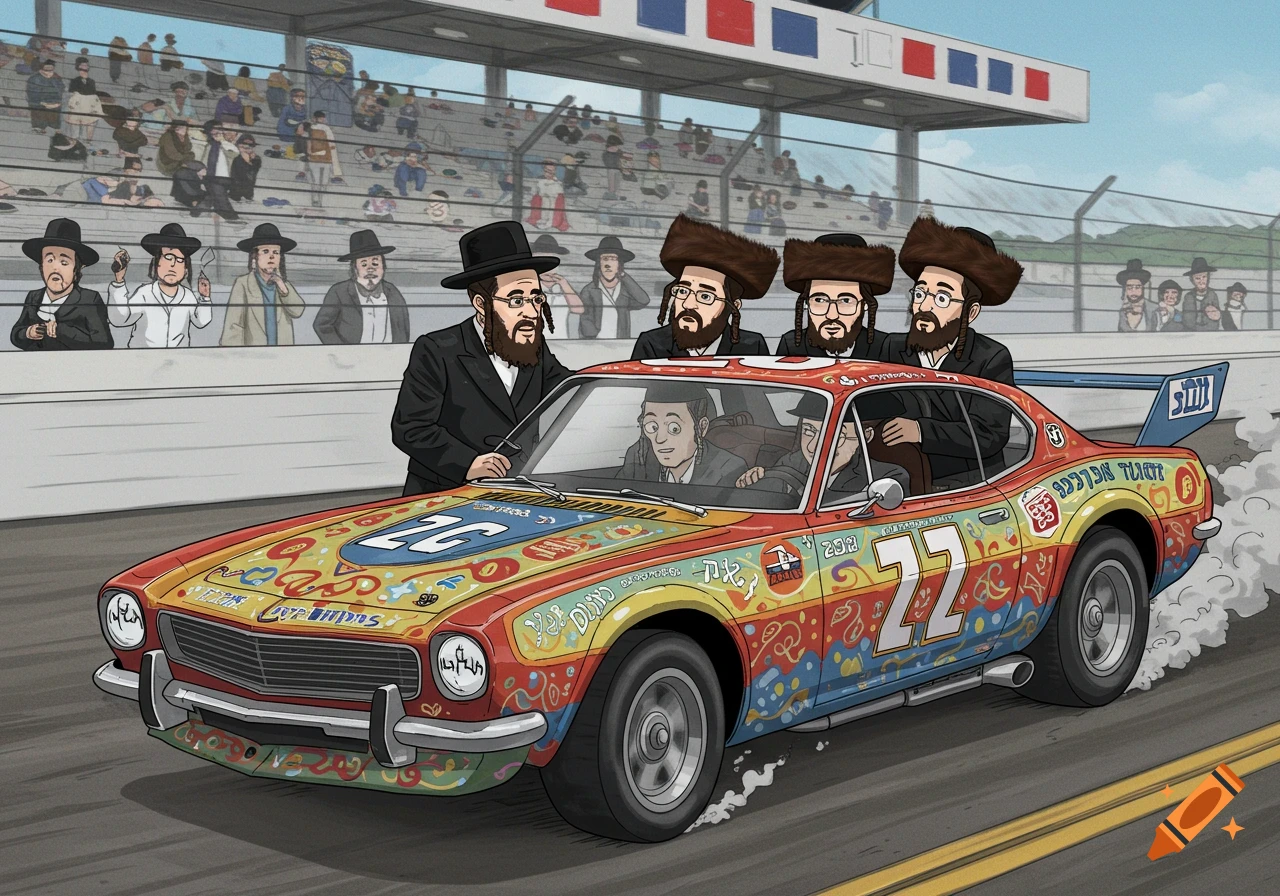 Cartoon illustration of Hasidic Jews around a colorful race car on a track