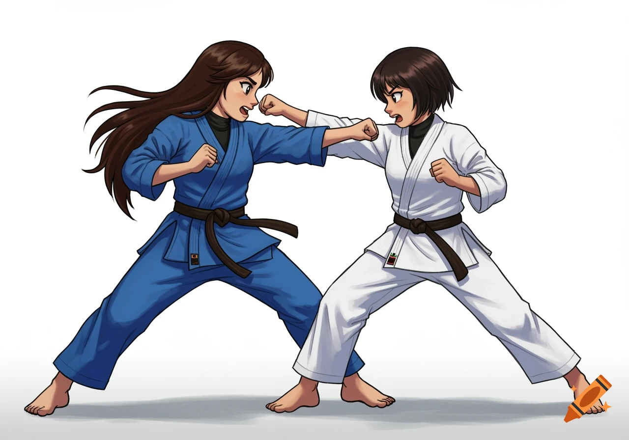 Anime illustration of two women in martial arts uniforms sparring