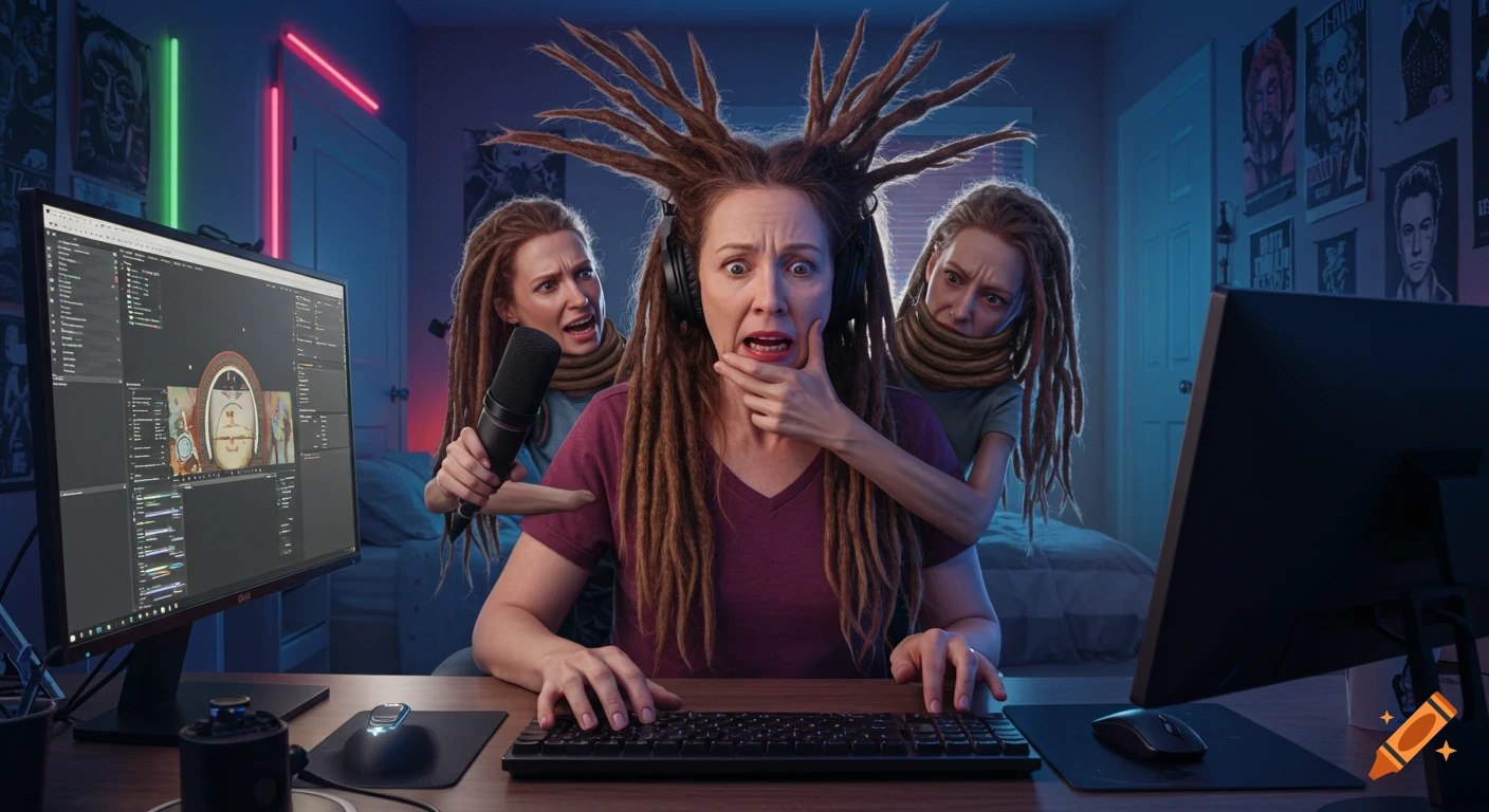A woman at a computer desk looks scared as her dreadlocks grab her and interact with her streaming setup in a neon-lit room.
