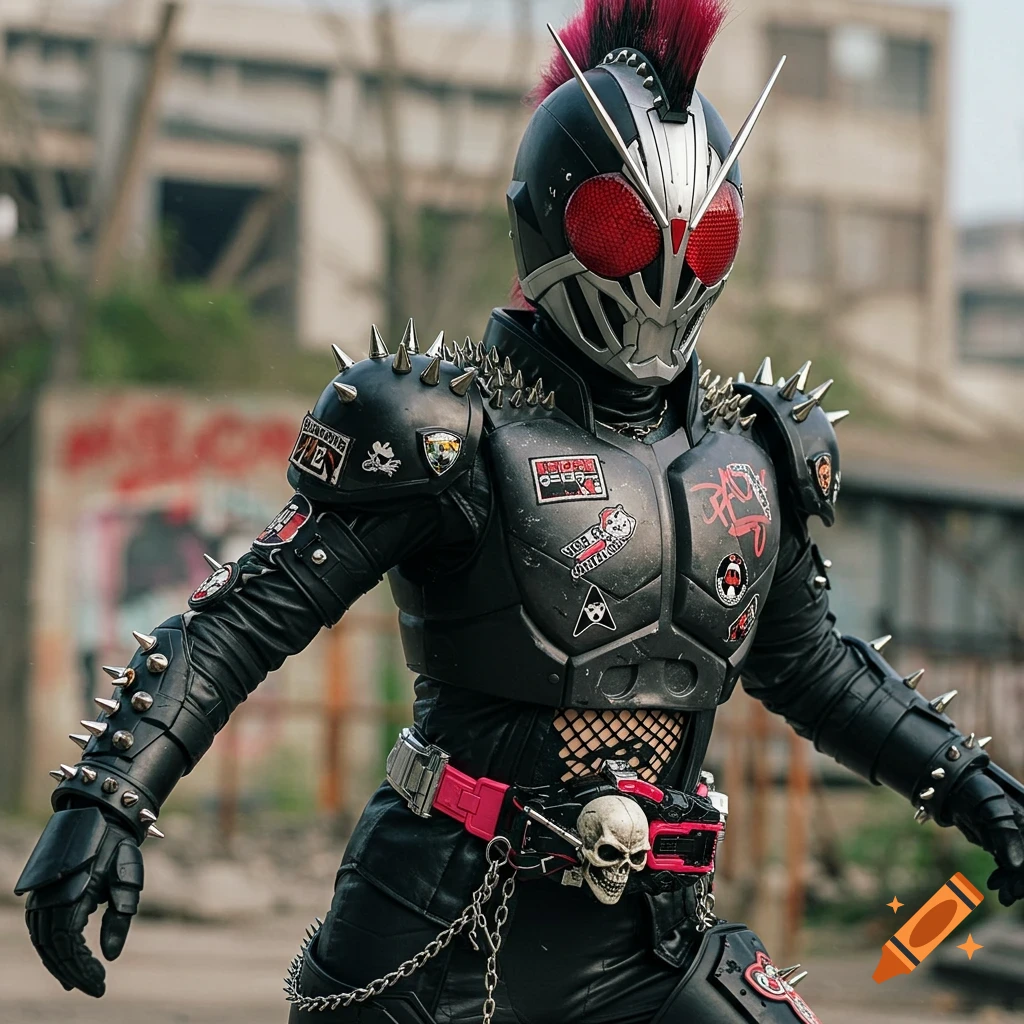 Person in a black punk-style Kamen Rider suit with spikes, red mohawk, and skull belt buckle stands outdoors.