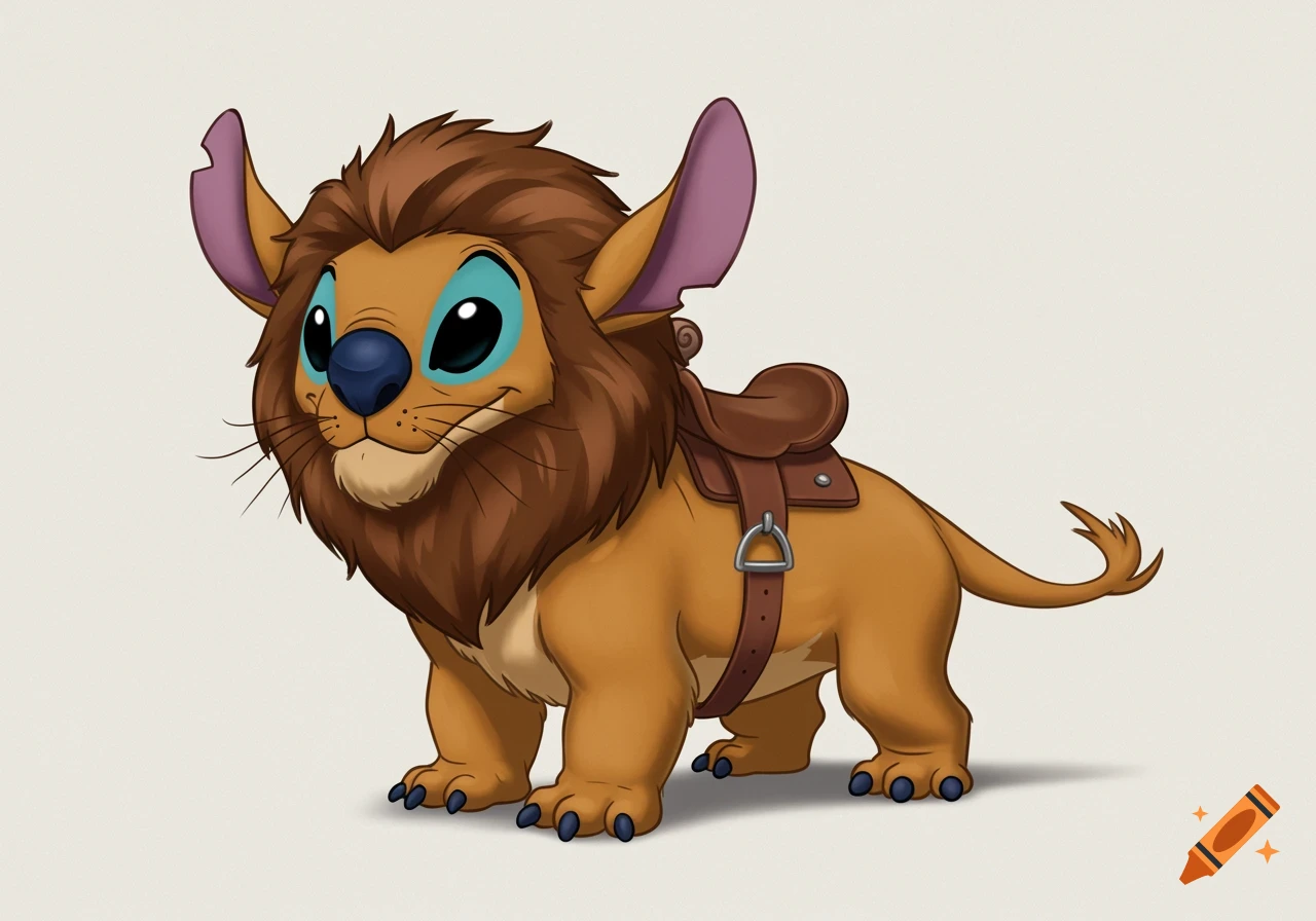 A cartoon creature similar to Stitch with a lion's mane and a saddle, standing.