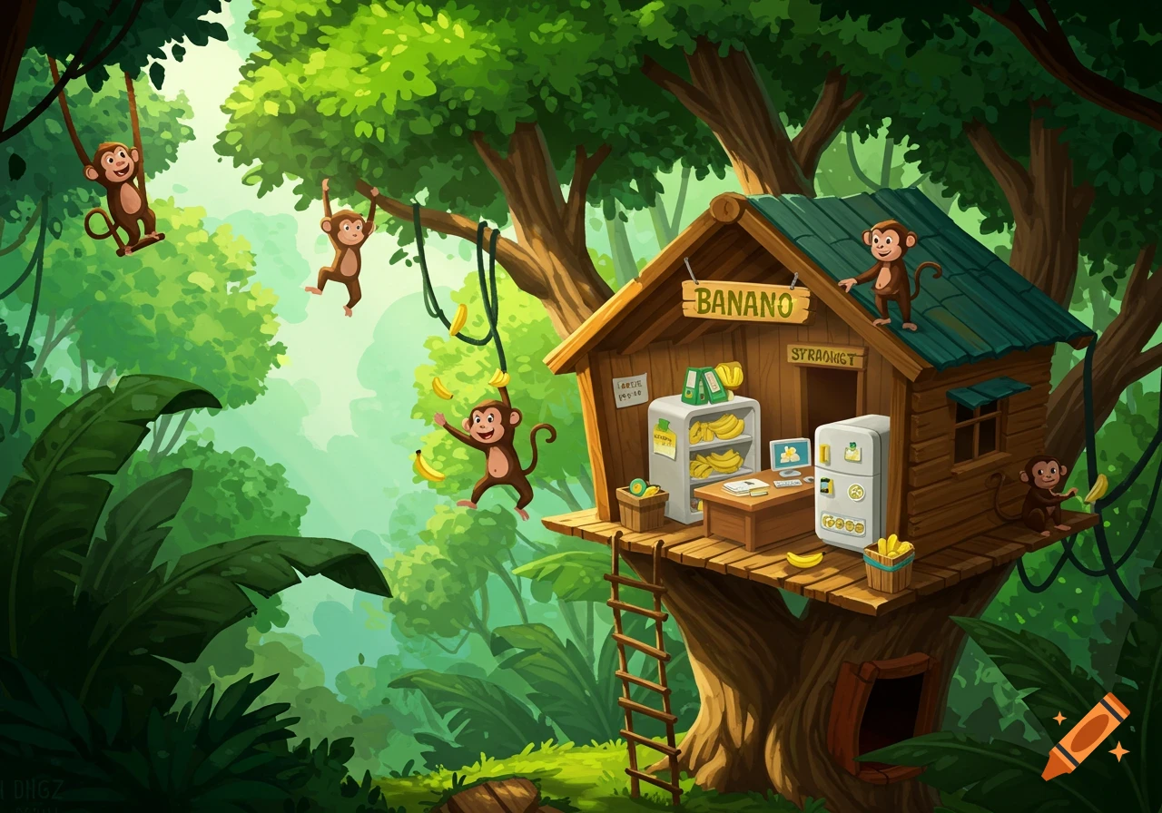 Cartoon illustration of monkeys in a jungle treehouse with a banana stand