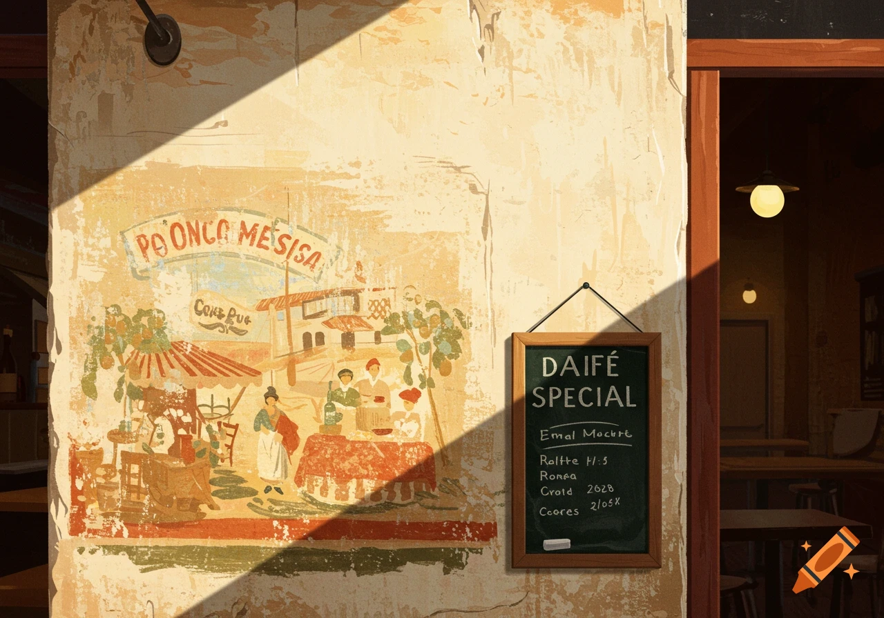 Painterly view of a cafe wall with a mural and a blackboard menu board in sunlight.