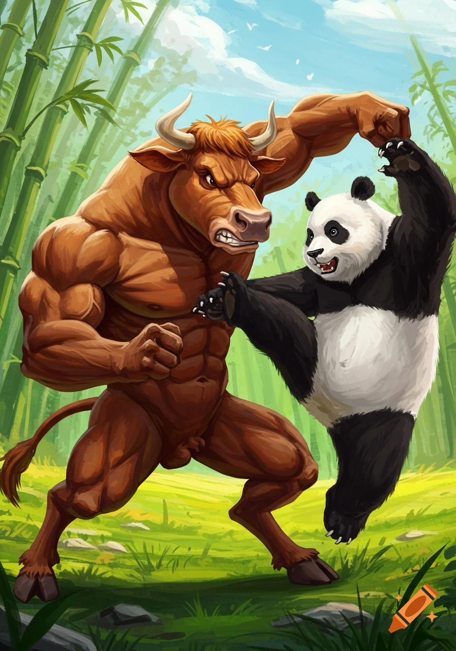 A muscular bull-like creature fights a panda in a bamboo forest, in a vibrant illustration style.