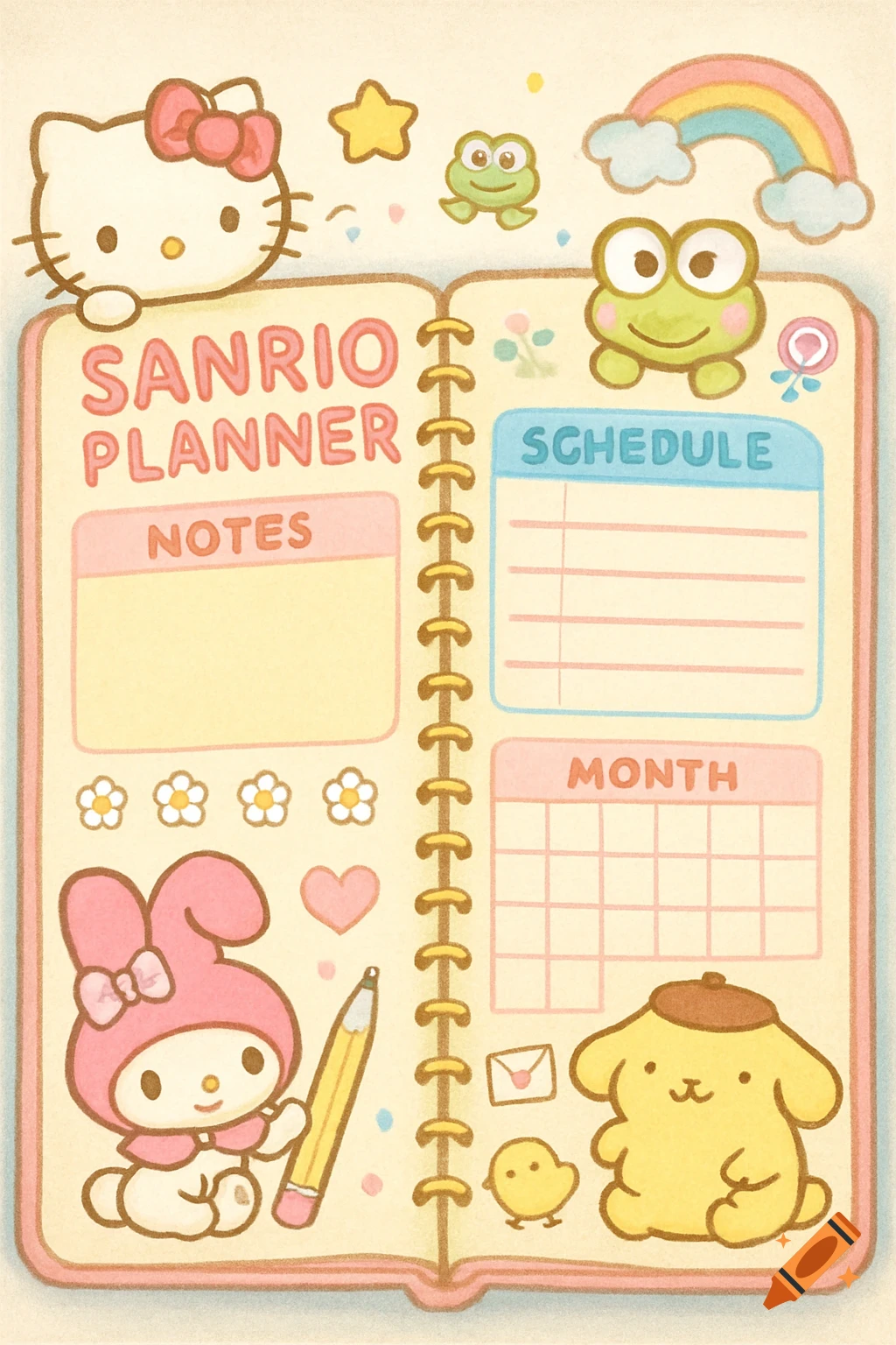 Sanrio planner illustration with Hello Kitty, My Melody, Keroppi, and Pompompurin characters.