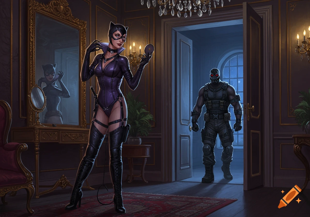 Catwoman in a purple suit and Bane in a mask in a formal room, comic art style.