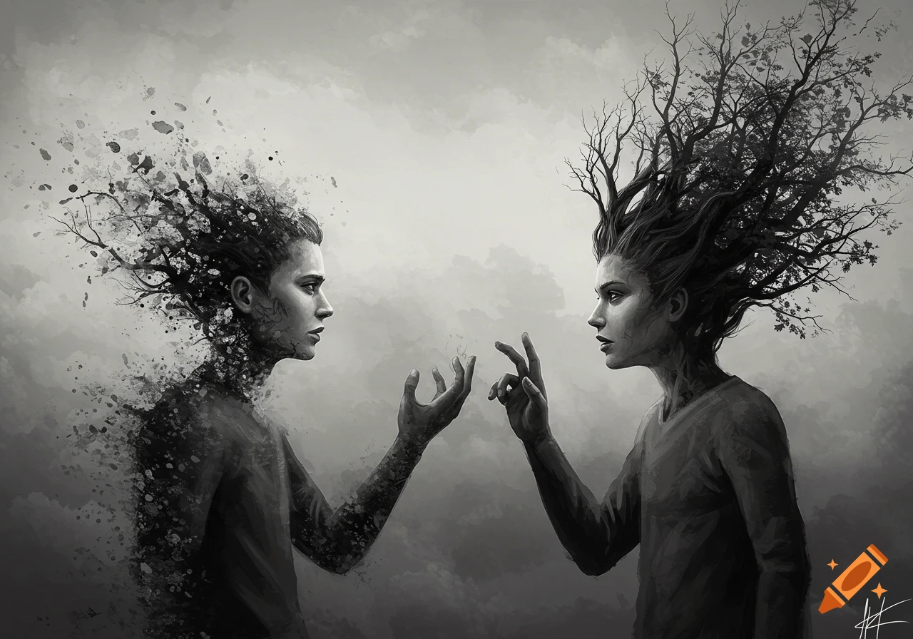 Grayscale illustration of two figures reaching for each other, one with tree branches for hair, the other fading.