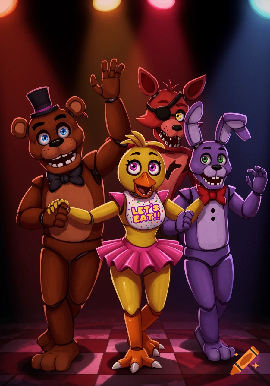 Four Five Nights at Freddy's animatronics, Freddy, Foxy, Chica, and Bonnie, dancing together on a stage.