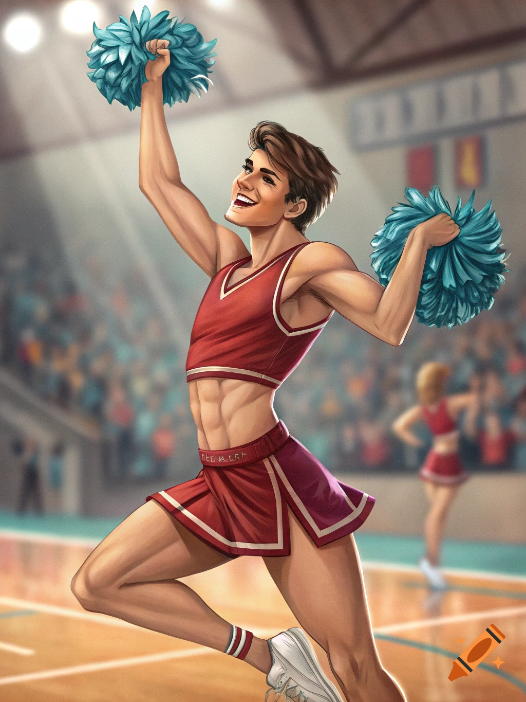 Illustration of a male cheerleader in a red crop top and skirt, cheering with pompoms in a gym.