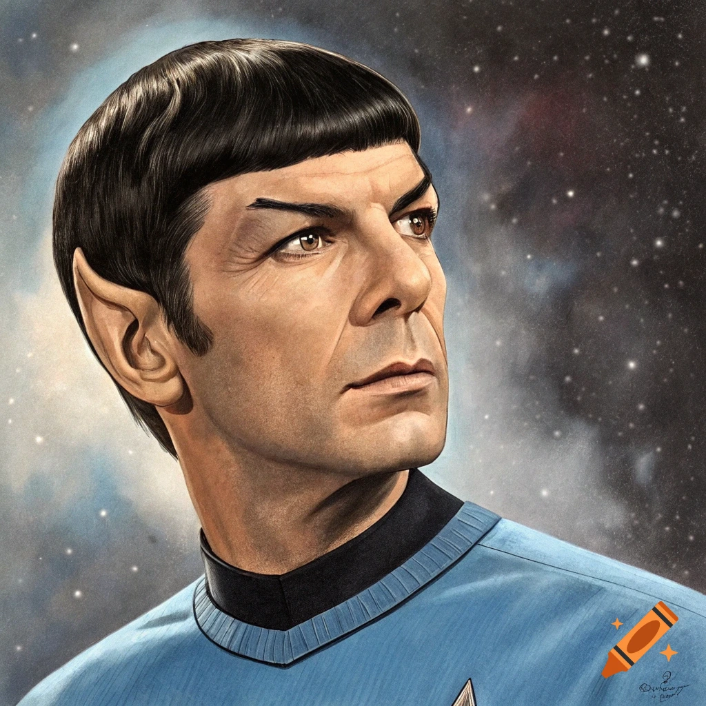 Portrait of Spock from Star Trek looking up and to the right against a starry background.