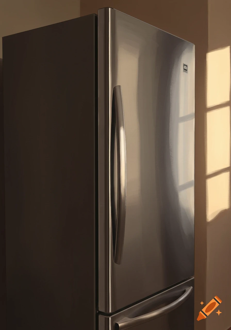 Close-up digital painting of a stainless steel refrigerator door with reflections and window shadows.