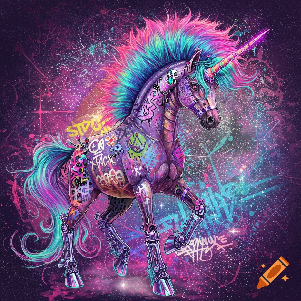 Glitter punk unicorn with graffiti and mechanical legs in a starry, colorful background.