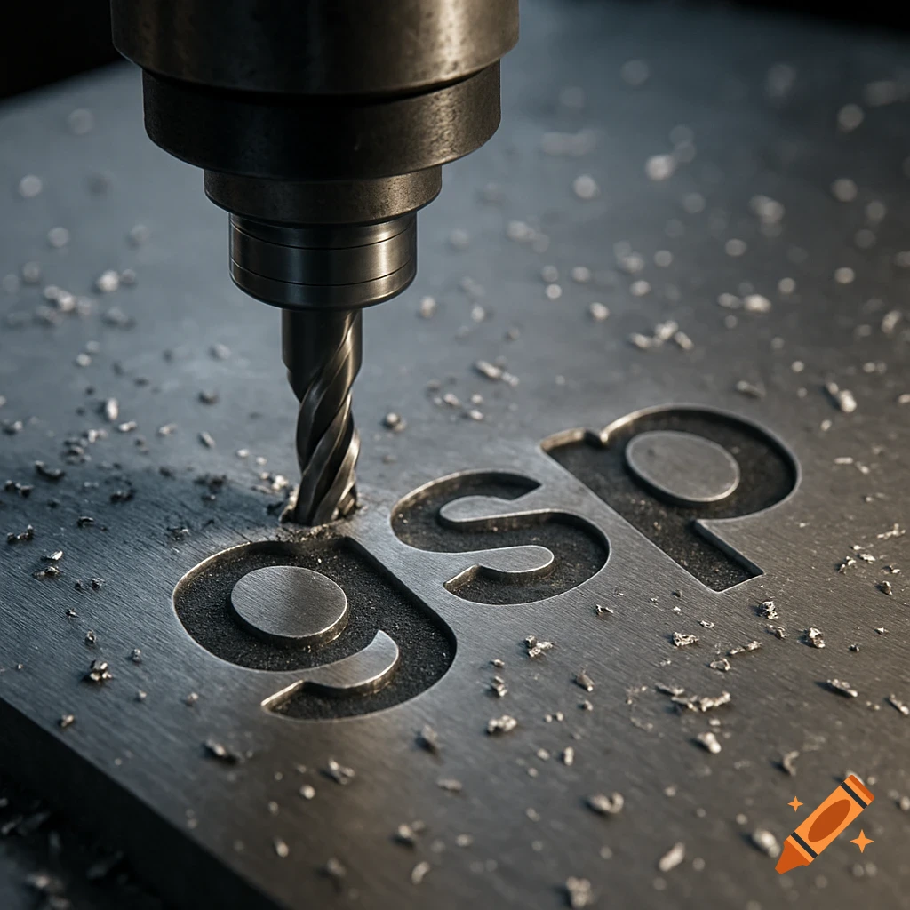 A close-up of a CNC mill bit cutting the letters GSP into a metal plate, with metal shavings.