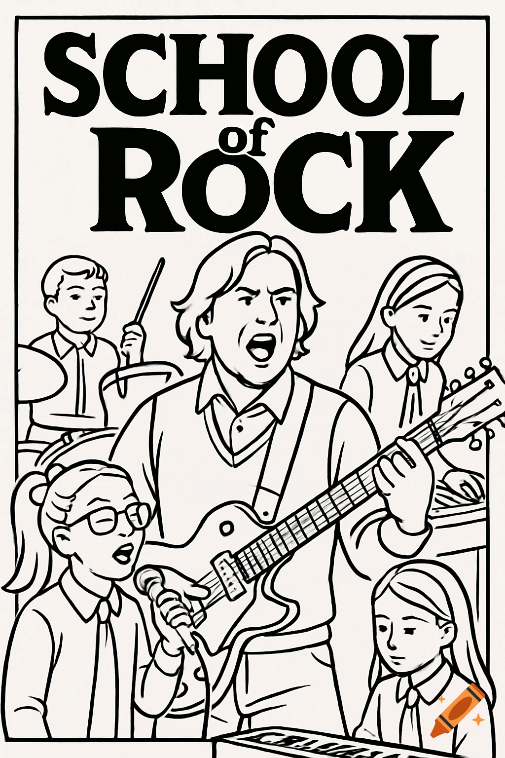 Black and white line art drawing of a band playing music under the text 'SCHOOL of ROCK'.