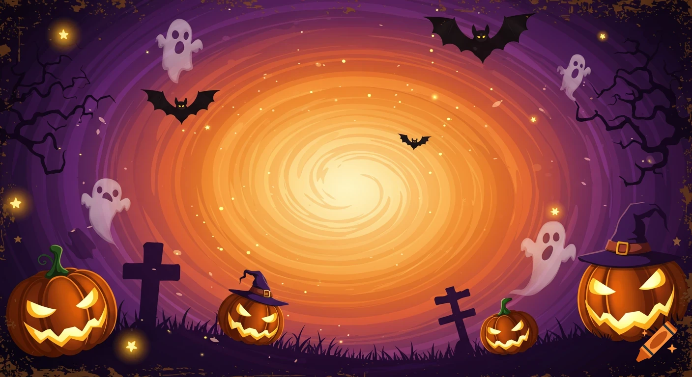 Vector illustration of a Halloween scene with pumpkins, ghosts, bats, gravestones, and spooky trees against a swirling orange and purple sky.