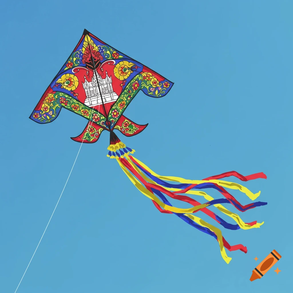A colorful, ornate kite with elaborate patterns flies against a clear blue sky.