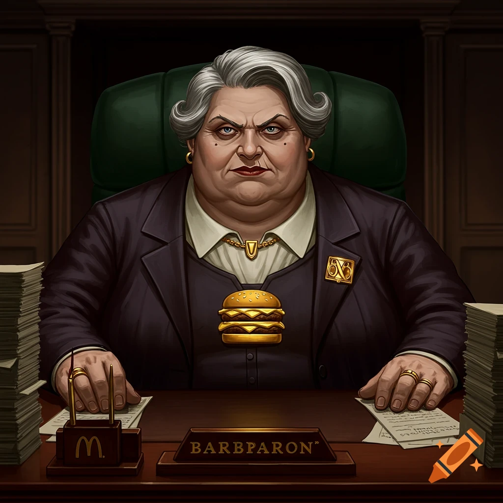 Illustration of an overweight old woman, a boss figure in a suit with a burger pendant, seated at a desk.