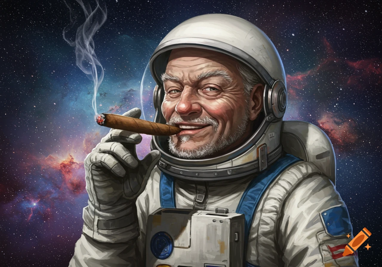 An illustration of an old man astronaut smoking a cigar in space.