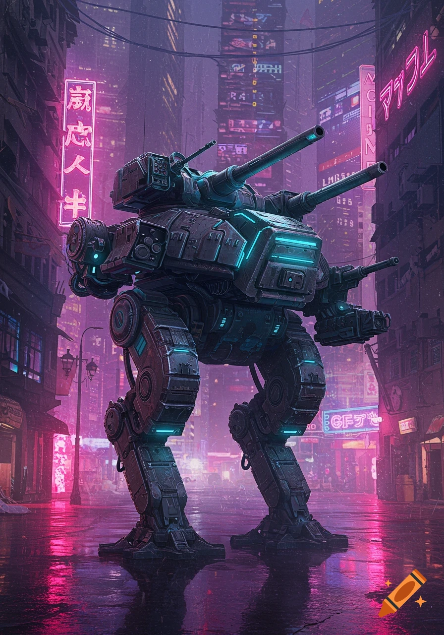A large mech stands in a rainy cyberpunk city street with neon signs.