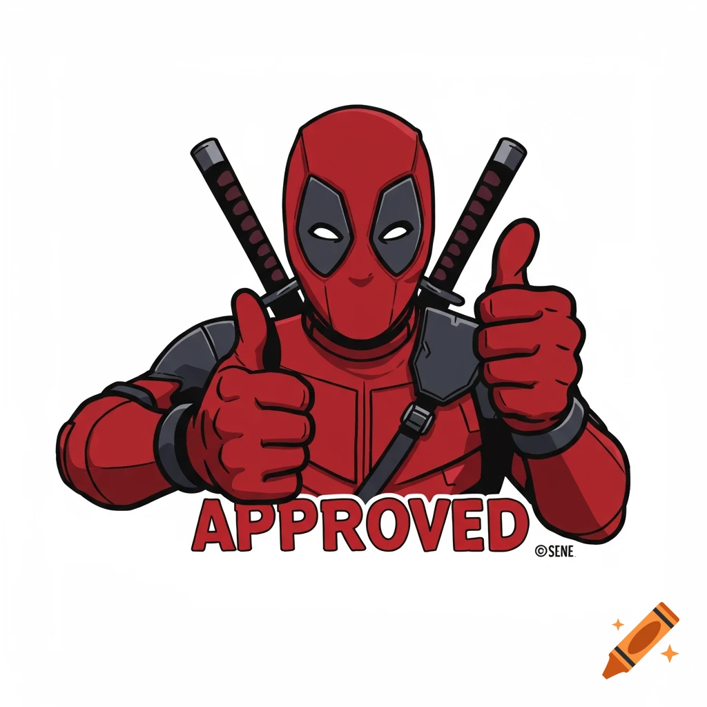 Cartoon Deadpool giving thumbs up with APPROVED text