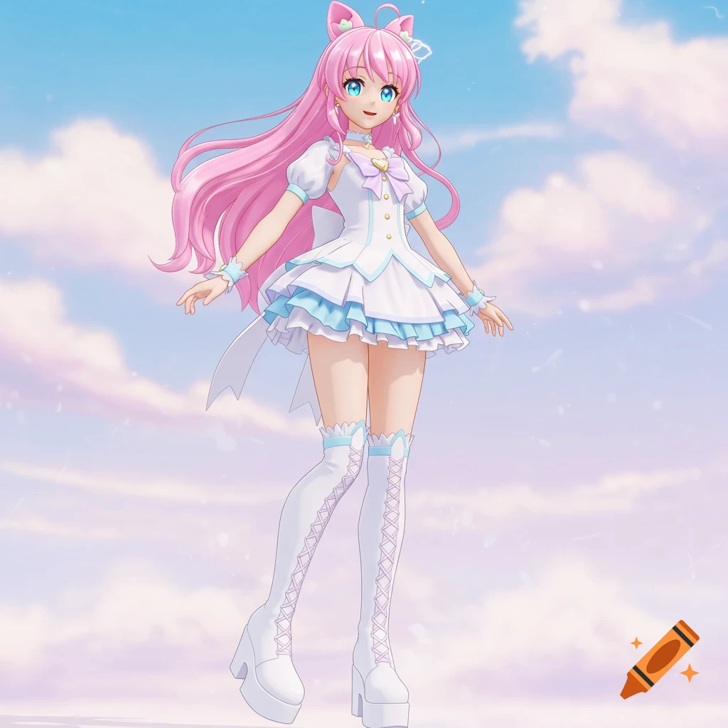 Anime girl with pink hair, cat ears, white and blue dress, and boots floats in a cloudy sky.