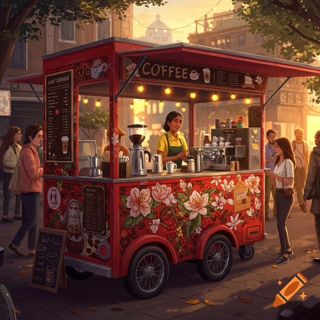 Illustrated street scene of a coffee cart at sunset with people