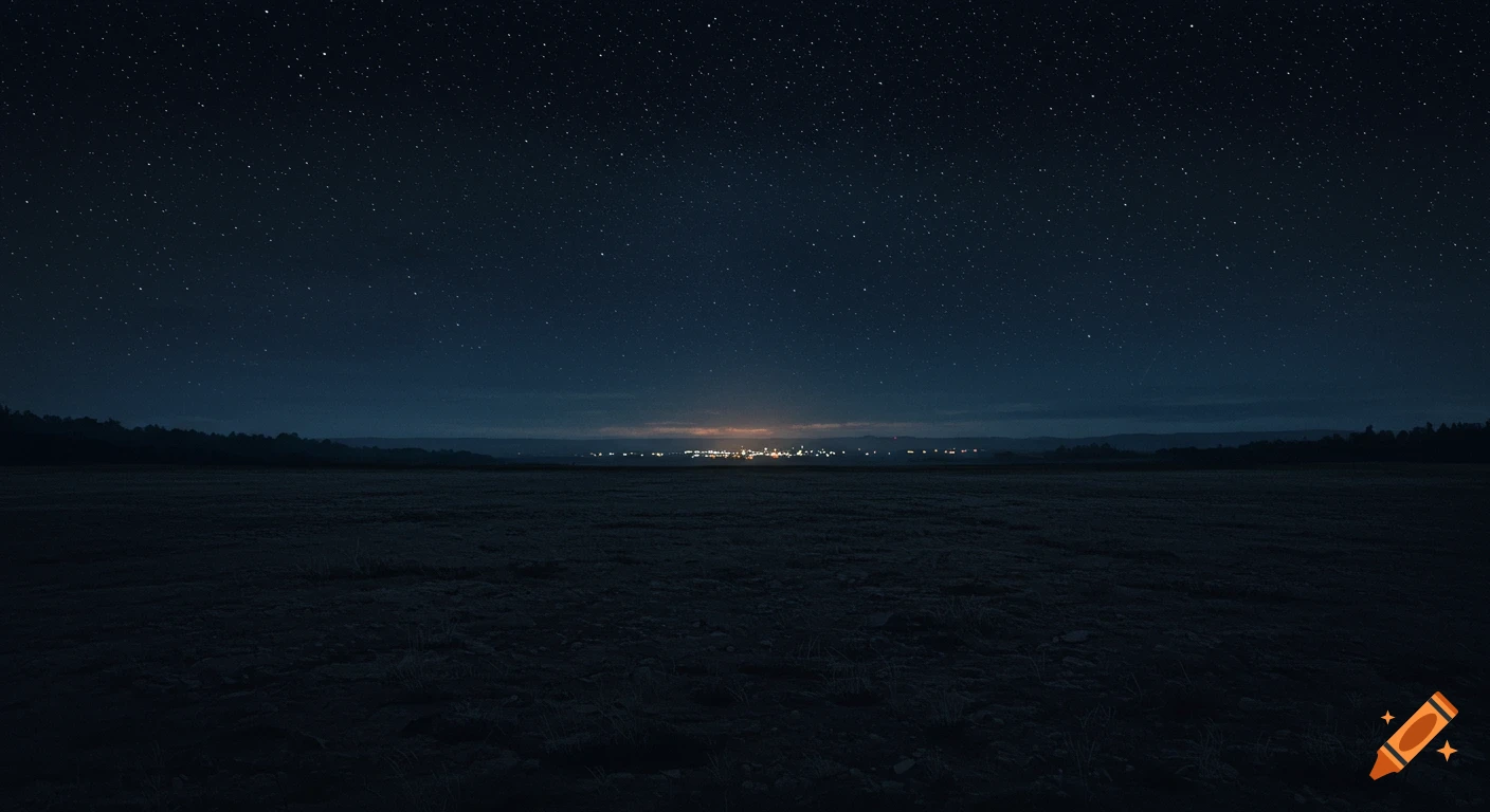 Dark field under a starry night sky with distant town lights