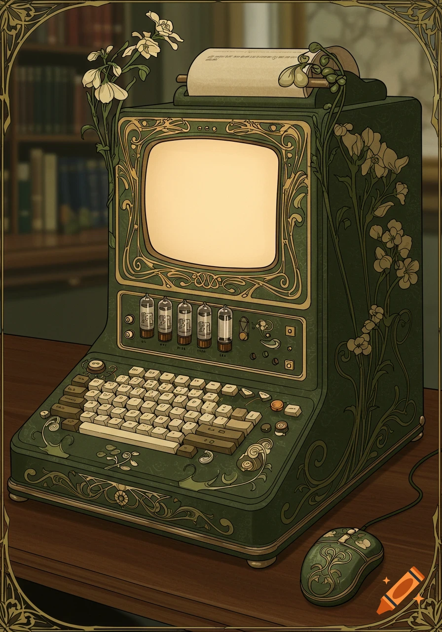 Art Nouveau style computer on a desk with flowers and bookshelves.