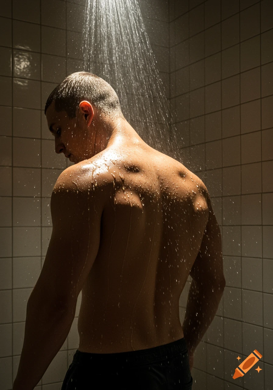 Muscular man showering, seen from the back