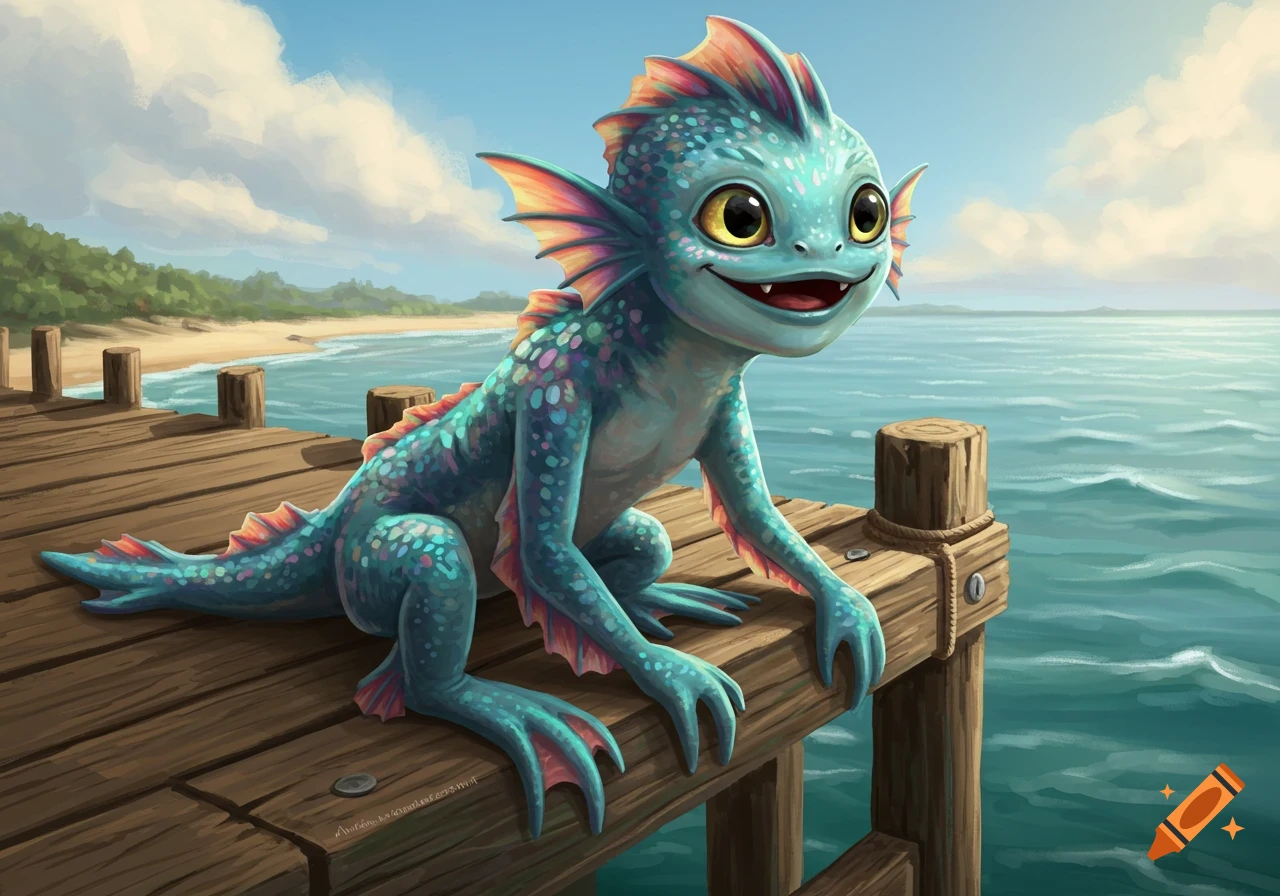 A cute blue fantasy creature with scales and fins sits on a wooden pier overlooking the ocean, digital art.
