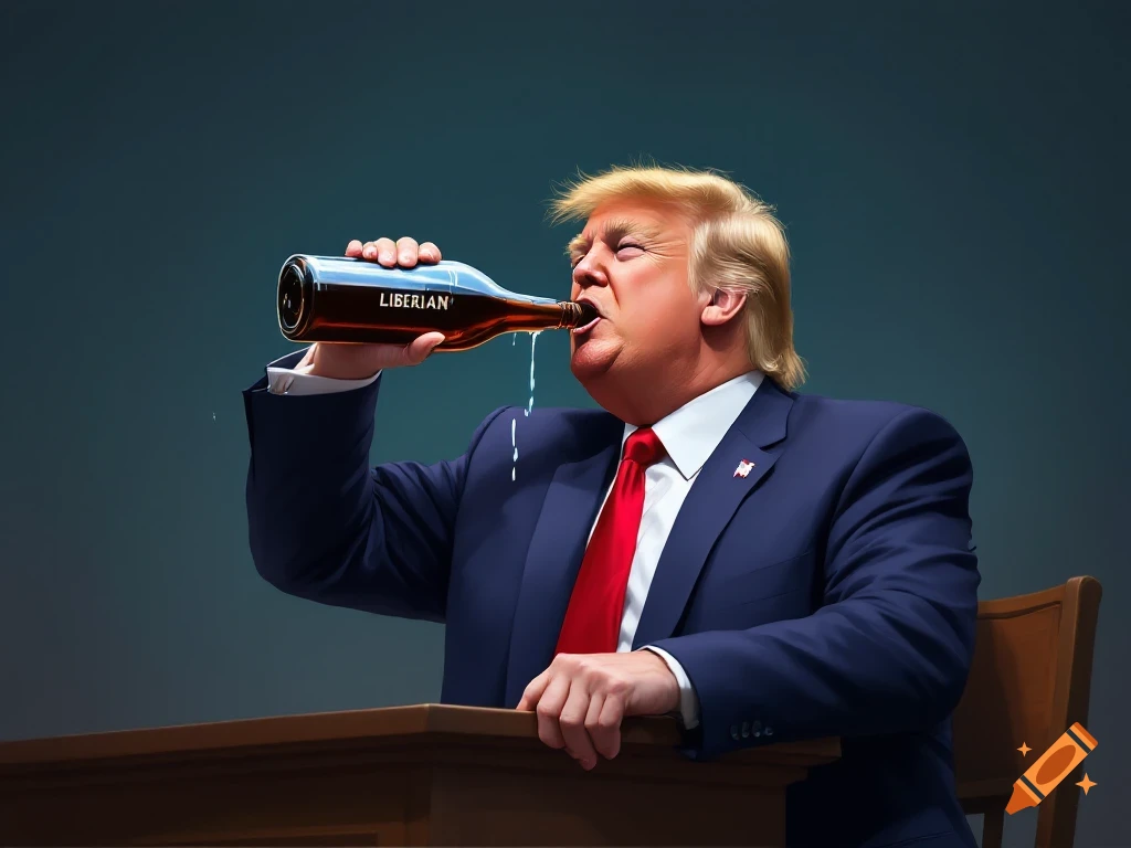 Donald Trump drinks from a bottle at a table, liquid streaming from the spout.