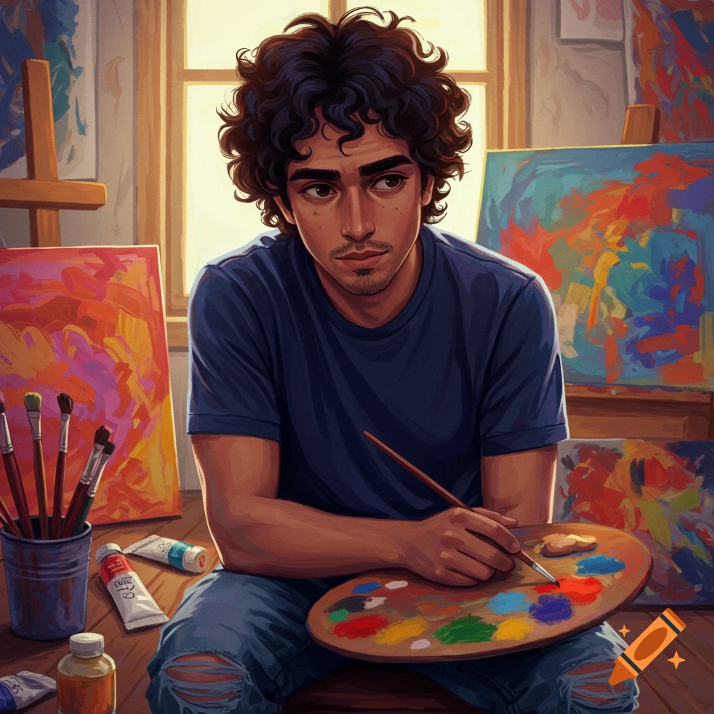 A young male artist with curly hair sits painting in a studio, holding a palette and brush.