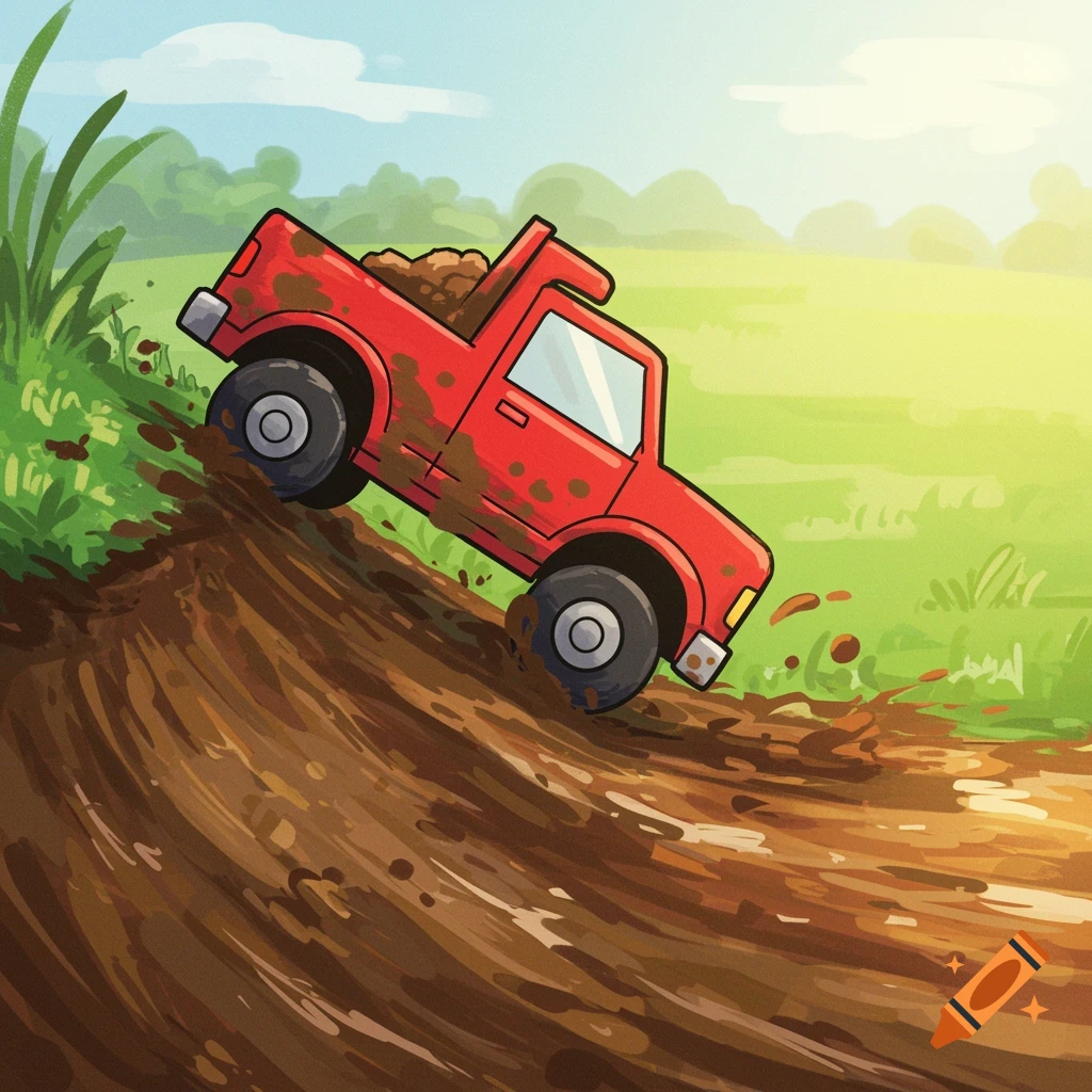 Child-like illustration of a red truck slipping down a muddy trail.