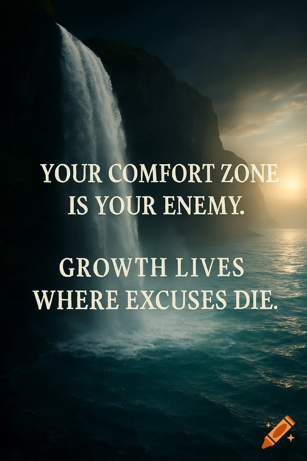A waterfall cascades down a cliff into the ocean with motivational text overlaid.